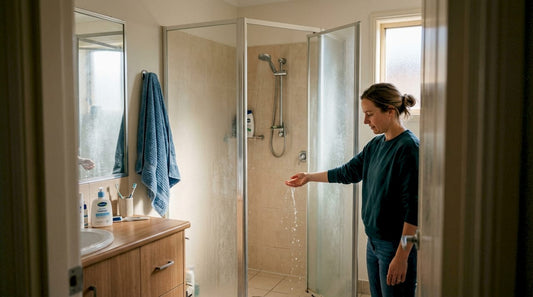 Woman checks shower water in home bathroom