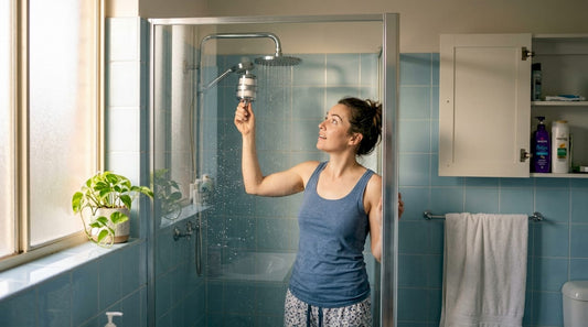Woman turning on shower with filter attached