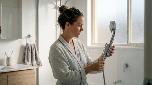 Woman checking shower filter in bathroom
