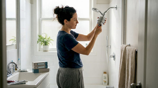 Woman installs shower water filter in bathroom