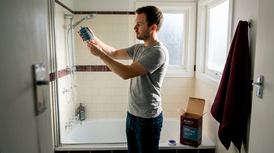Man installing shower filter in home bathroom