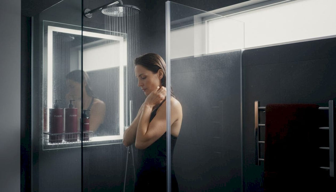 Woman in shower examining hair and skin