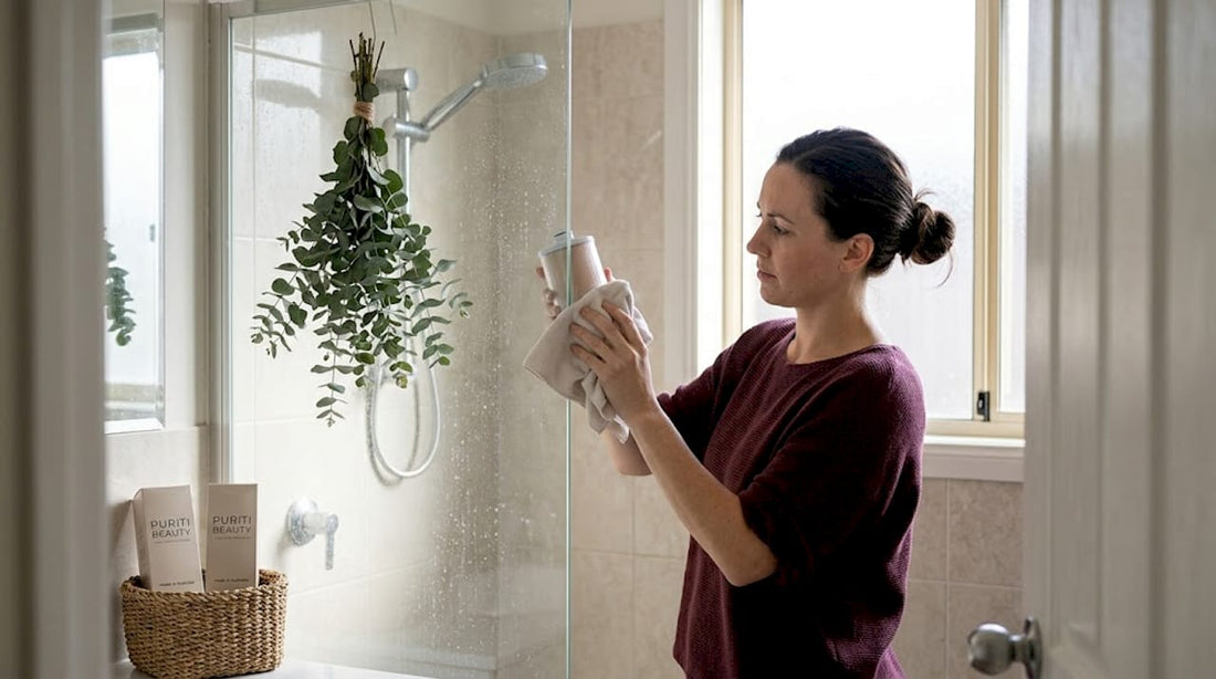 Woman cleaning shower filter in bright bathroom