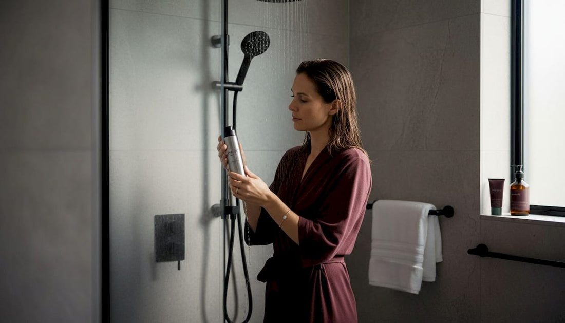 Woman examining aluminium shower filter in luxury bathroom
