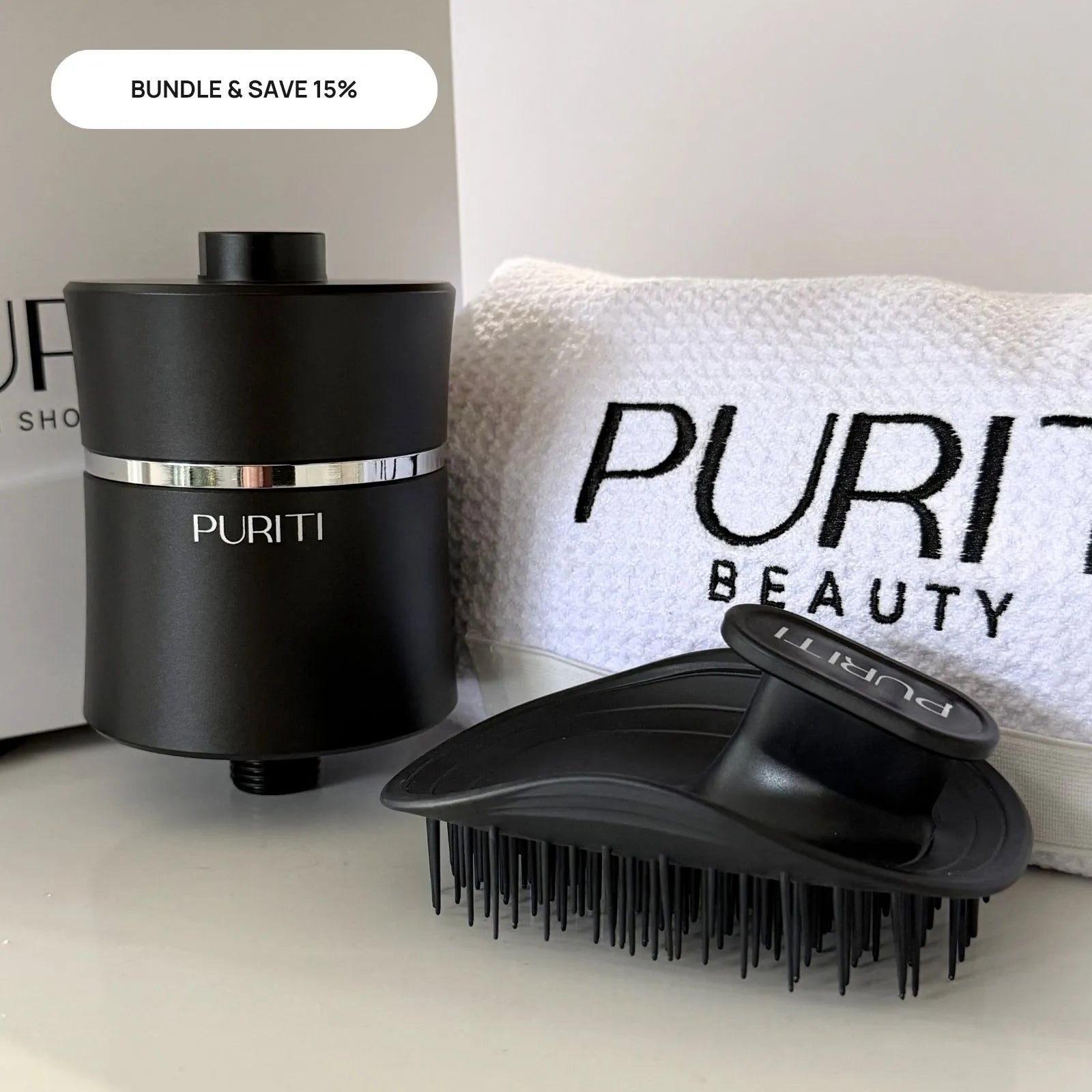 PURITI Hair care bundle - Black shower filter set with a scalp brush and micro fibre hair towel. 